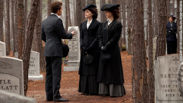 "Even though they are more challenging than the contemporary clothes, I enjoy doing the flashbacks most of all," Leverett said. This scene takes place at a funeral for one of Stefan and Damon's relatives in 1912. "Since we're dealing with vampires and werewolves," Leverett said, "we go for the coolest, sexiest look that we can get away with for the period. ... We take a little license here and there, (but) everything is still grounded in the reality of whatever time period we are doing."