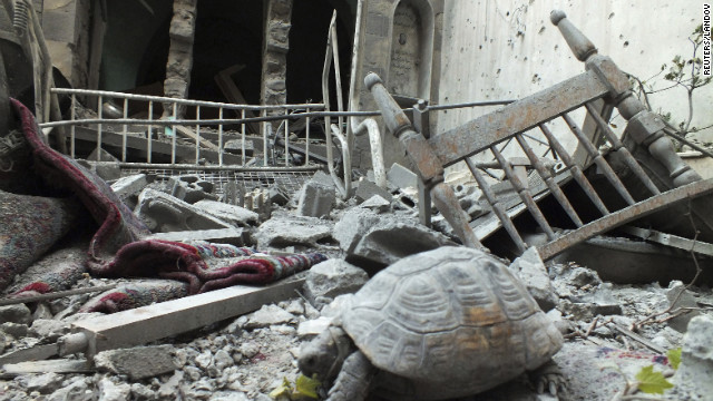 An abandoned pet tortoise walks on the debris of a damaged house in the neighborhood of old Homs on Sunday.