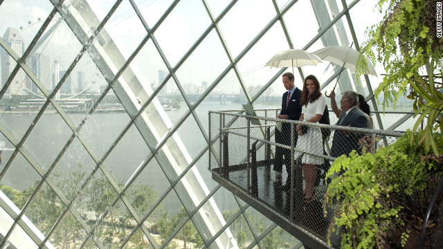 The couple look out over a balcony at Gardens by the Bay on Wednesday.