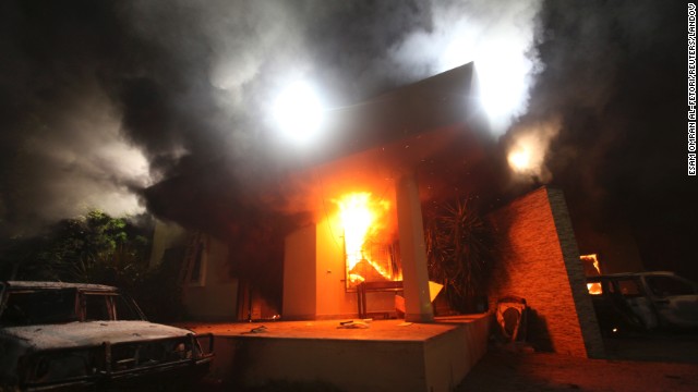 The U.S. Consulate in Benghazi is seen in flames Tuesday, September 11.