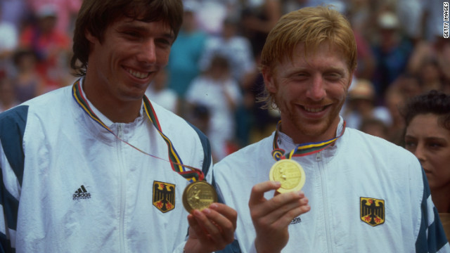 The smiles belie an intense rivalry as Michael Stich (left) and Boris Becker win gold for Germany at the 1992 Olympic Games in Barcelona. 