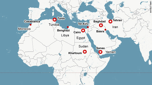 Capital cities and other cities in North Africa and the Middle East where protests against an anti-Islam film have broken out. 