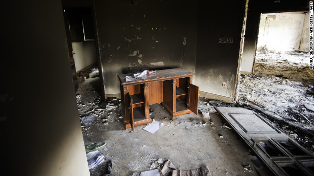 A desk inside the burnt U.S. Consulate building in Benghazi, Libya, on Thursday, September 13, two days after the attack.