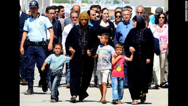 Jolie and Guterres at a refugee camp in Kilis on Thursday.