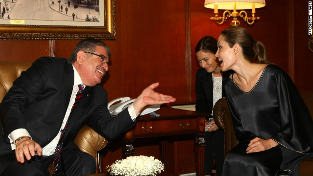 Jolie meets with Turkish Interior Minister Idris Naim Sahin in Ankara on Thursday. About 80,000 refugees are encamped in southeastern Turkey, near the Syrian border.