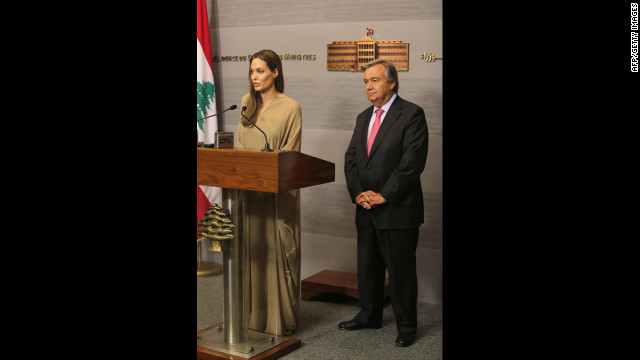 Jolie speaks during a news conference following a meeting with Guterres, right, and Lebanese Prime Minister Najib Mikati in Beirut on Wednesday.