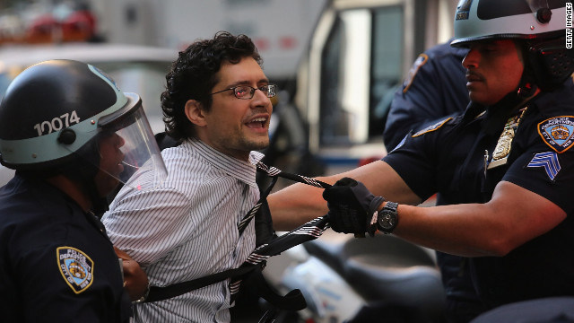 A protester is arrested during the one-year anniversary of the Occupy Wall Street movement on Monday.