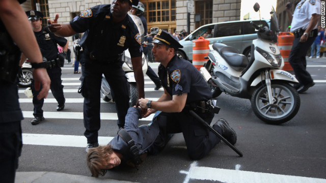 A protester is arrested during the one-year anniversary of the Occupy Wall Street movement on Monday.