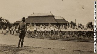 The original inscription to this photo reads: 'Setting up exercises, Harvard ROTC, Soldiers Field 1917-1918.'