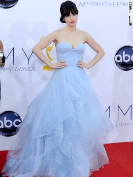 Zooey Deschanel looked ethereal at the 2012 Emmys in a pale blue gown.