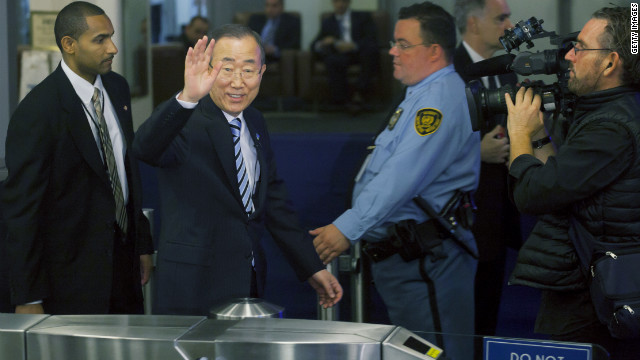 U.N. General Secretary Ban Ki-moon, second left, arrives on Tuesday.