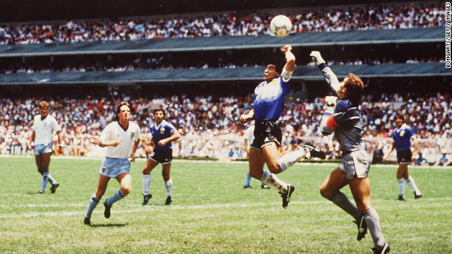 Argentina's Diego Maradona illegally touched the ball with his hand while scoring a goal against England in soccer's 1986 World Cup tournament. It became known as the "Hand of God" after Maradona credited divine intervention for the dubious goal. 