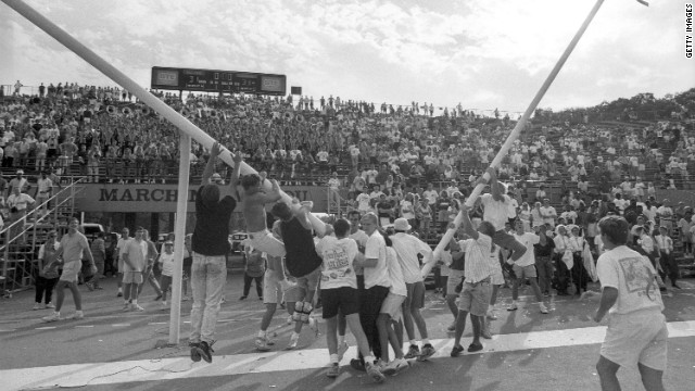 In college football, on-field officials gave Colorado a fifth down (a team gets only four) to score a touchdown during a crucial game against Missouri in 1990. Colorado won 33-31 and went on to claim part of the national title. Missouri fans pulled down the goalpost after the loss.