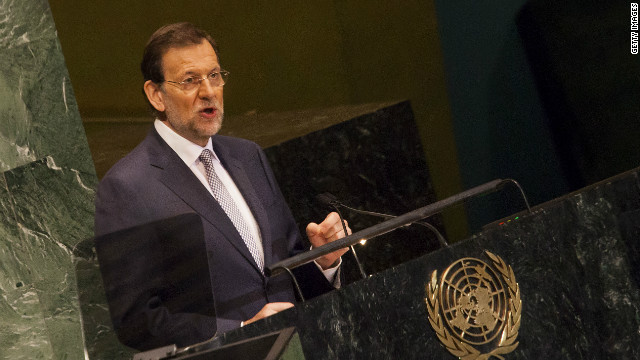 Spain's Prime Minister Mariano Rajoy addresses the United Nations General Assembly on September 25, 2012 in New York City. 