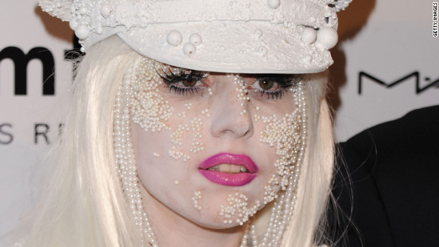 With pearls scattered among her outfit and face, Lady Gaga attends the Fall 2010 Fashion Week.