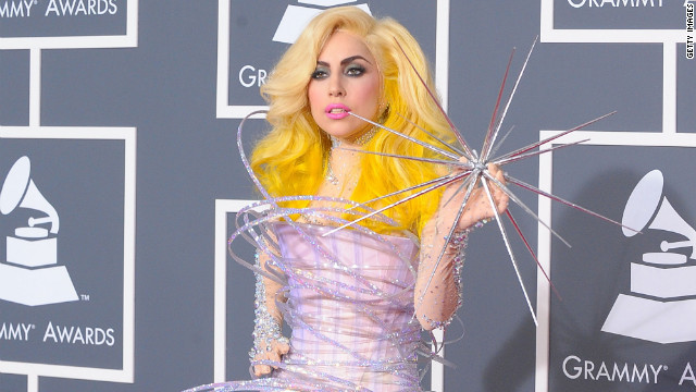 Lady Gaga arrives at the 52nd annual Grammy Awards in a hula hoop inspired creation.