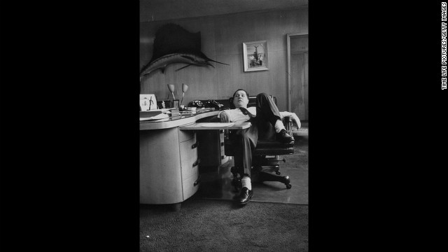 Hoffa slumps in a chair at the Teamsters union office. He was one of the most powerful union leaders in America until being forced out of the organized labor movement. He went to prison in 1967 for jury tampering and fraud before being pardoned four years later. 