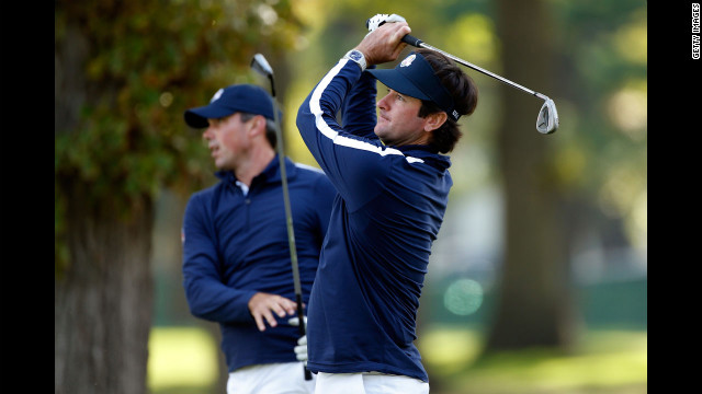 U.S. players Matt Kuchar and Bubba Watson hit shots on the practice ground Thursday.