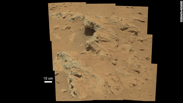 NASA's Curiosity rover found evidence for what scientists believe was an ancient, flowing stream on Mars at a few sites, including the rock outcrop pictured here. The key evidence for the ancient stream comes from the size and rounded shape of the gravel in and around the bedrock, according to the Jet Propulsion Laboratory/Caltech science team. The rounded shape leads the science team to conclude they were transported by a vigorous flow of water. The grains are too large to have been moved by wind. Curiosity arrived on Mars on August 6 and began beaming back images from the surface. See all the images here as they are released. <a href='http://www.cnn.com/2012/07/17/tech/gallery/mars/index.html' target='_blank'>Check out images from previous Mars missions.</a>