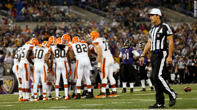 Referee Gene Steratore looks on during the Week 4 game between the Cleveland Browns and the Baltimore Ravens in Baltimore on Thursday, September 27. It was the first game back for the regular referees after a three-week lockout. Check out the action from Week 4 of the 2012 National Football League season. <a href='http://www.cnn.com/2012/09/20/football/gallery/nfl-week-3/index.html' target='_blank'>Look back at the best of Week 3.</a>