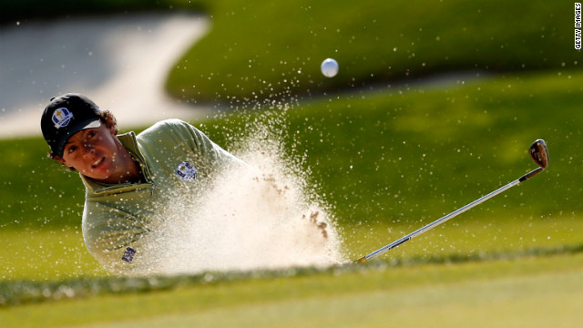 Rory McIlroy of Europe hits a shot onto the green on Friday.