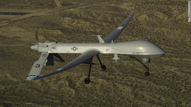 A U.S. Air Force MQ-1 Predator UAV assigned to the California Air National Guard's 163rd Reconnaissance Wing flies near the Southern California Logistics Airport in Victorville, California, on January 7, 2012. Iranian jets fired on a Predator drone on November 1 over the Persian Gulf, an incident the Air Force says took place over international waters.