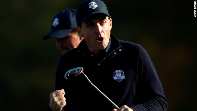 Keegan Bradley of the USA reacts after putting on the fifth green on Saturday.