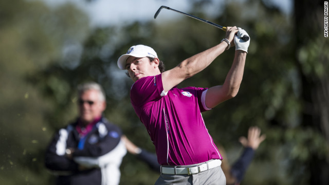 Team Europe's Rory McIlroy of Northern Ireland hits out of the eighth hole's tee box on Saturday.