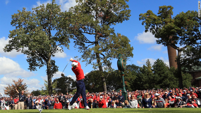 Keegan Bradley of the United States hits his tee shot on the first hole Sunday.