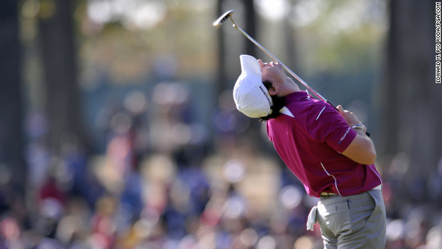 Team Europe's Rory McIlroy laments a missed putt on the seventh hole during foursomes on Saturday.