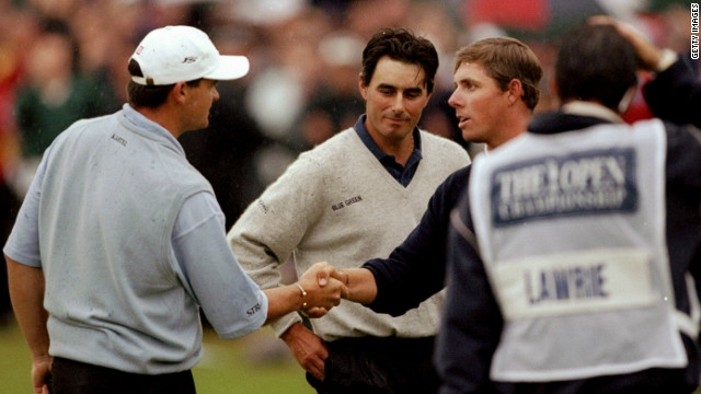 Jean Van de Velde (middle) looks bewildered as he reflects on his defeat in the 1999 British Open. The Frenchman blew a three-shot lead on the final hole, so forcing a play-off with Justin Leonard (right) and Scotland's Paul Lawrie (left) which the latter won to seal his first major, despite trailing Van de Velde by an enormous 10 strokes before the final round took place. 