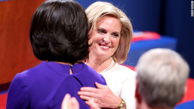 Ann Romney and first lady Michelle Obama hug on Wednesday.