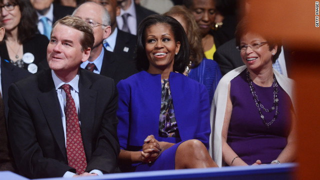 Michelle Obama sits with White House Senior Advisor Valerie Jarrett, right.