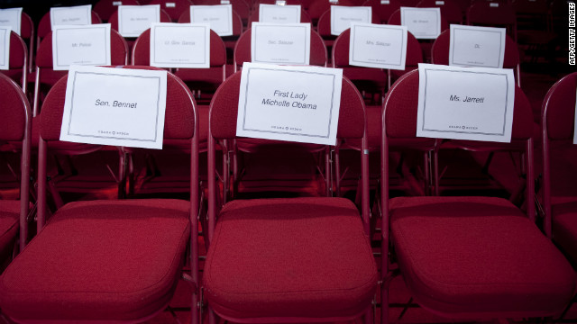 A seat is assigned to first lady Michelle Obama prior to Wednesday's debate.