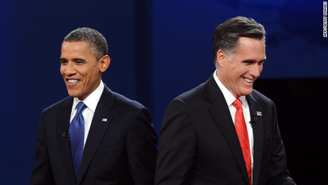 President Barack Obama and Republican presidential candidate Mitt Romney finish their debate in Denver on Wednesday, October 3. <a href='http://www.cnn.com/2012/10/03/politics/gallery/10-3-debate-prep/index.html'>View behind-the-scene photos of debate preparations.</a>