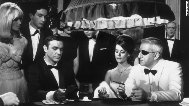 A scene from the James Bond film "Thunderball" with Sean Connery, Claudine Auger, as Domino Derval, and Adolfo Celi playing Emilio Largo. 