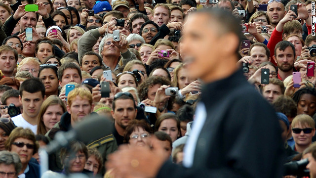 President Barack Obama addresses the crowd at the University of Wisconsin in Madison on Thursday.