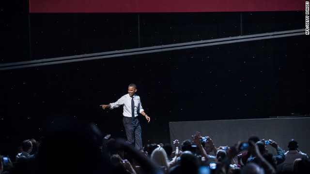 Obama takes the stage at a campaign concert at the Nokia Theatre in Los Angeles on Sunday, October 7. The president has been on a three-day trip to California and Ohio.