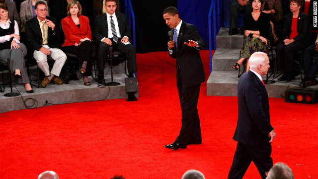 During the 2008 presidential town hall debate, GOP candidate John McCain wandered around stage as Democratic nominee Barack Obama tackled questions. 