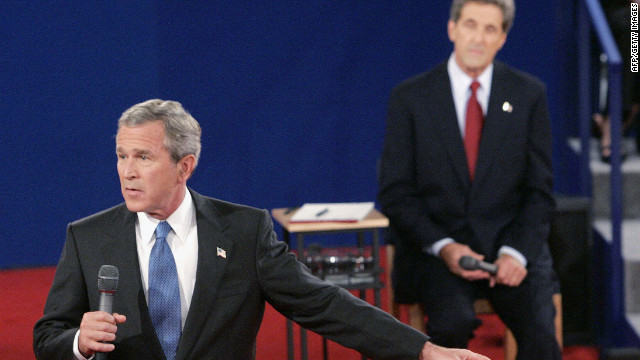 President George W. Bush had a hard time coming up with three wrong decisions that he'd made in response to a question from an audience member during the town hall debate in 2004 at Washington University in St. Louis. 