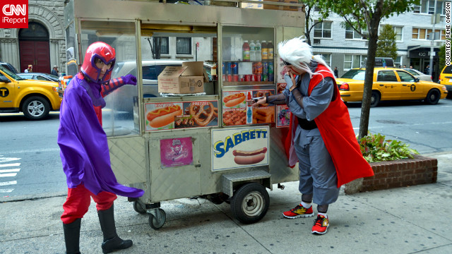 It's not every day you see Magneto, sworn enemy of the "X-Men," taking a break for a New York hot dog.