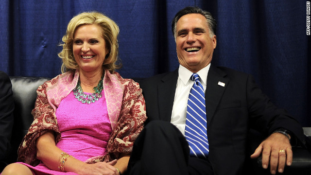 Republican presidential candidate Mitt Romney and his wife Ann await the start of the second presidential debate in a holding room.