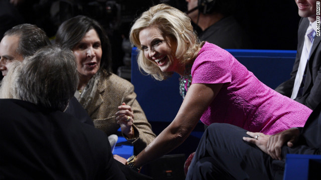 Ann Romney, wife of Republican presidential candidate Mitt Romney, speaks with members of the audience before the start of the second presidential debate at Hofstra University in Hempstead, New York, on Tuesday, October 16.