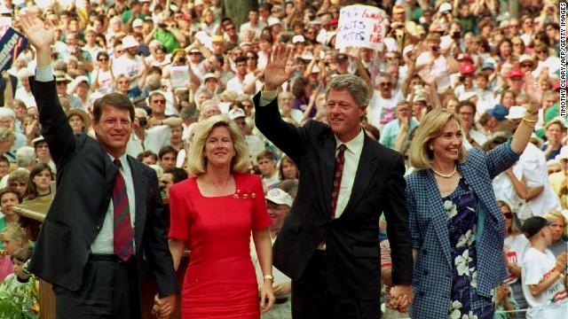 Al Gore, from left, his wife, Tipper, Bill Clinton and Hillary Clinton wave to supporters at the Chautauqua Institution in Chautauqua, New York, on August 23, 1992, after they gave speeches on family values.