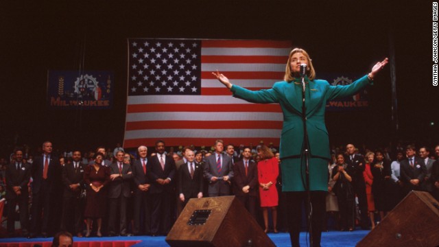 Clinton gestures at a campaign rally November 3, 1992, in Denver. After taking office, President Bill Clinton chose his wife to head a special commission on health care reform, the most significant public policy initiative of his first year in office.