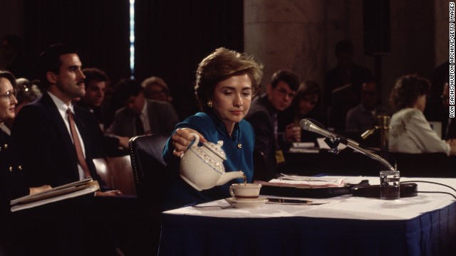 Clinton pours herself a cup of tea during her testimony to the Senate Education and Labor Committee on health care reform in 1993.