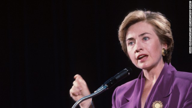 Clinton speaks at George Washington University on September 10, 1993, in Washington, during her husband's first term.