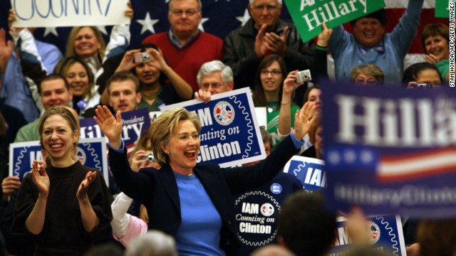 Clinton campaigns with her daughter, Chelsea, on January 1, 2008, in Council Bluffs, Iowa, two days ahead of the January 3 state caucus.