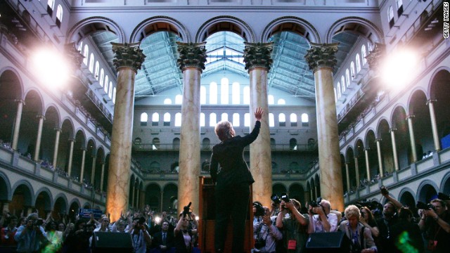 Sen. Clinton waves as she speaks to supporters at the National Building Museum on June 7, 2008, in Washington. Clinton thanked her supporters and urged them to back Sen. Barack Obama to be the next president of the United States.