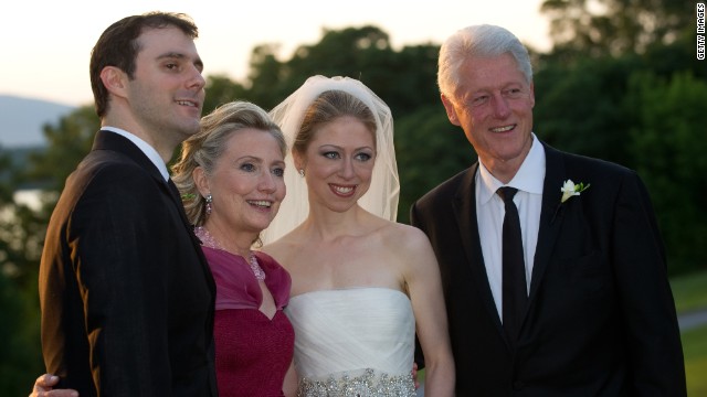 From left: Hillary and Bill Clinton pose on the day of their daughter Chelsea's wedding to Marc Mezvinsky at the Astor Courts Estate on July 31, 2010, in Rhinebeck, New York.